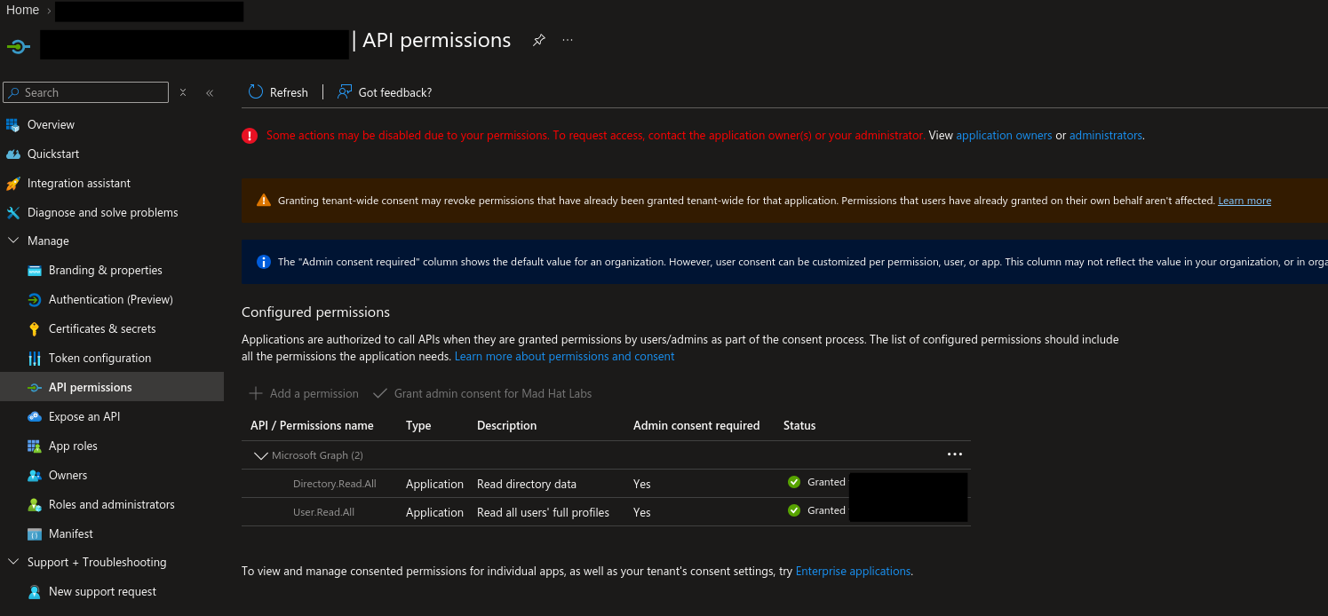 Microsoft Entra API permissions showing Directory.Read.All and User.Read.All application permissions with admin consent