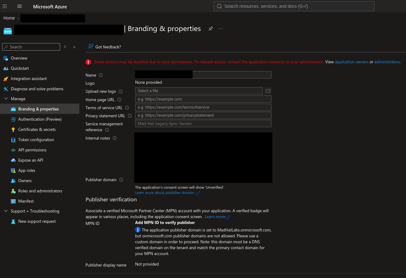 Sanitized Microsoft Entra Branding and properties blade for the legacy application