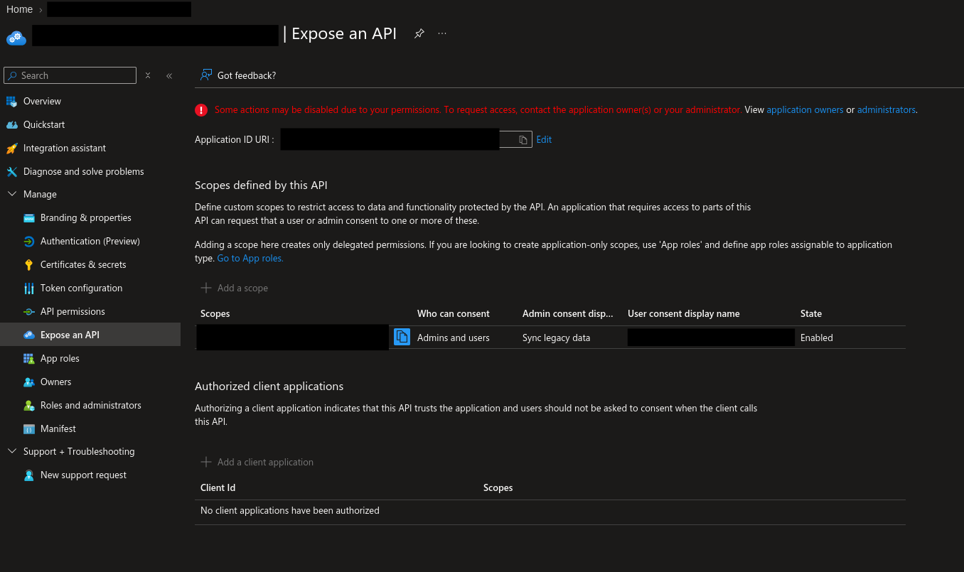 Sanitized Microsoft Entra Expose an API blade showing an enabled delegated scope