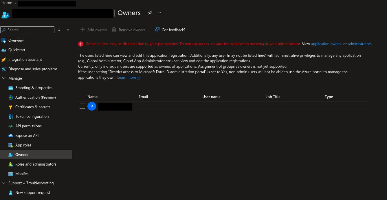 Sanitized Microsoft Entra Owners blade showing the owner relationship used for persistence